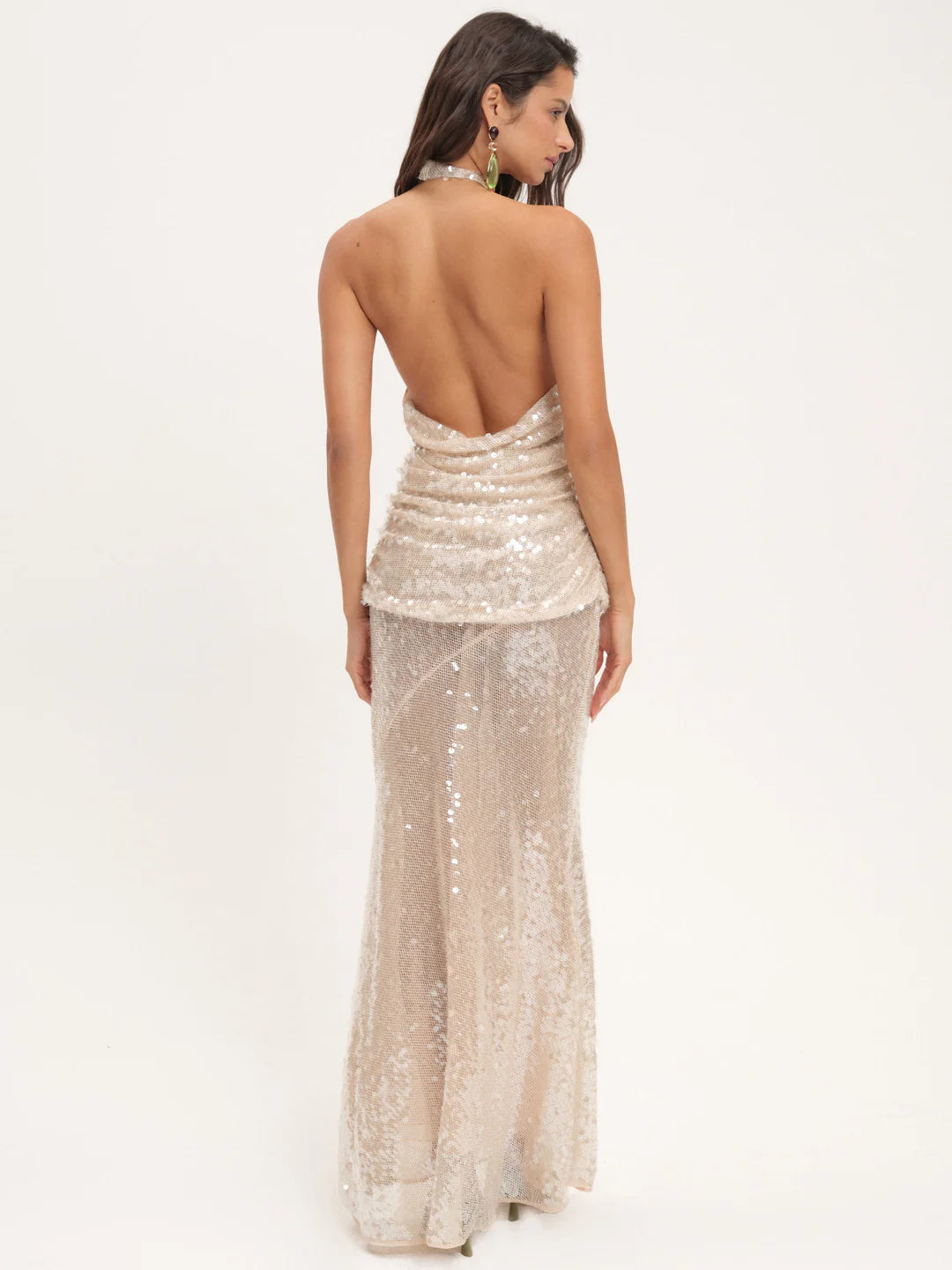 Elegant Halter Neck Open Back Sequin Ruched Bodycon Maxi Prom Dress For Formal Evening Gala