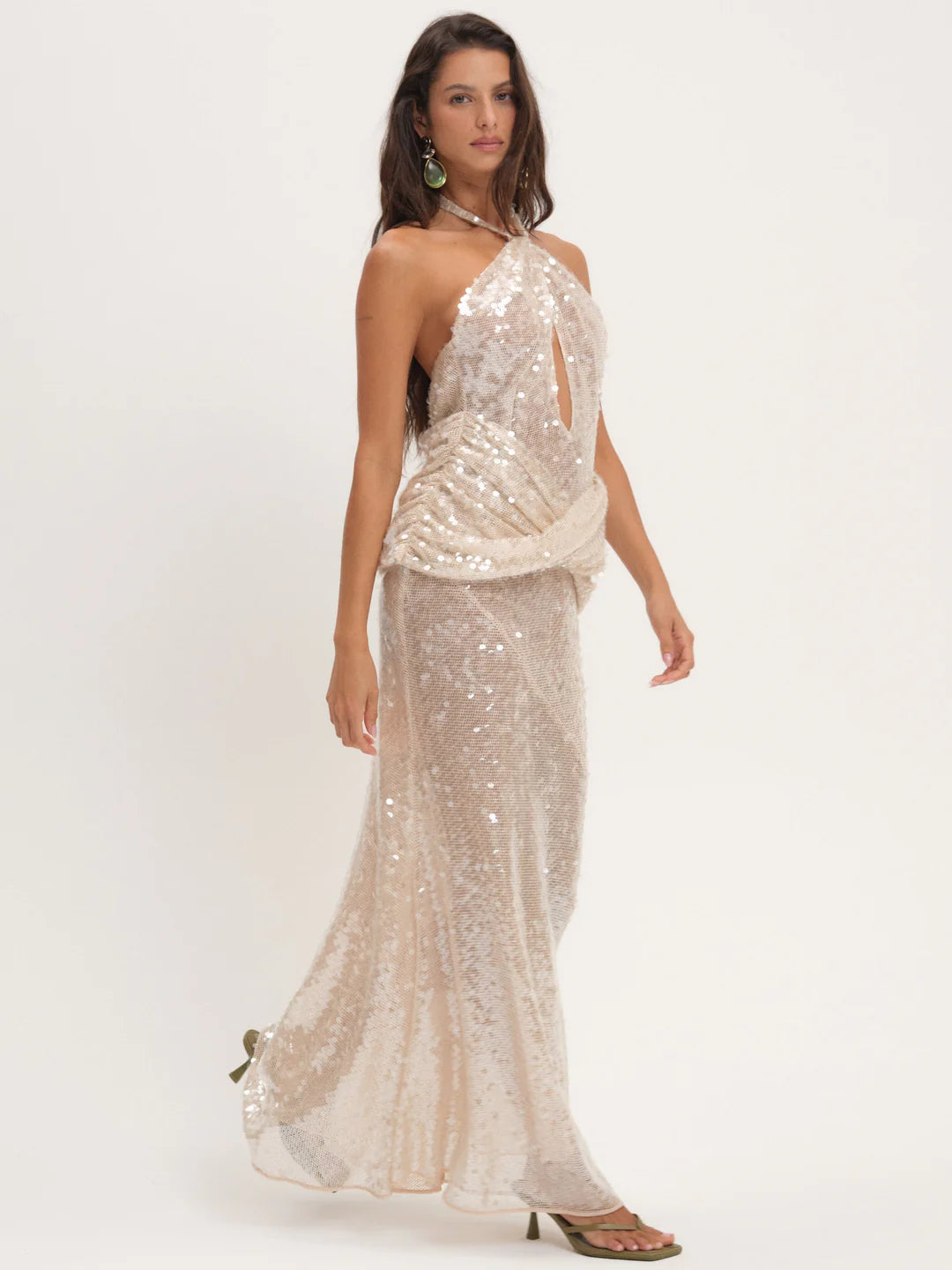 Elegant Halter Neck Open Back Sequin Ruched Bodycon Maxi Prom Dress For Formal Evening Gala