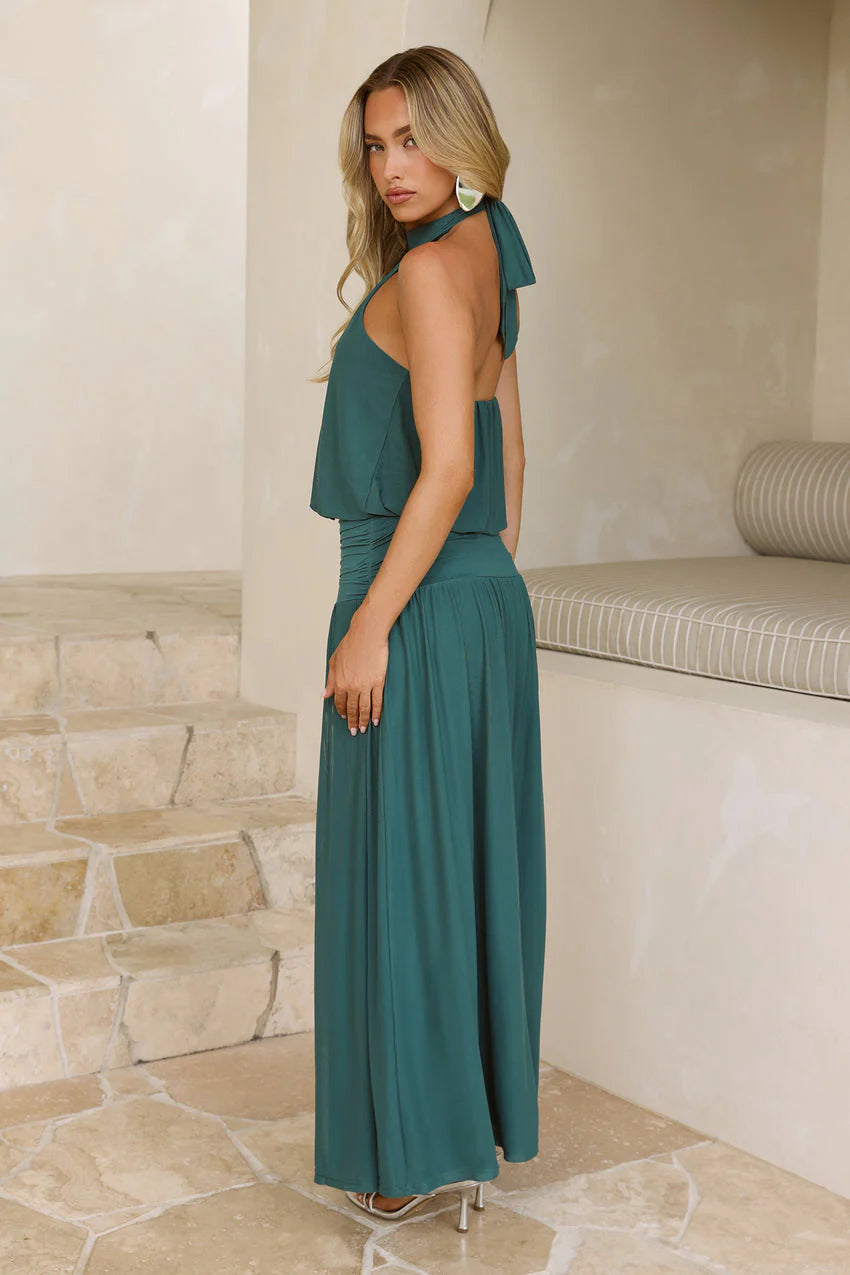 Elegant Halter Neck Open Back Tie Closure Ruched Waist Flowy Maxi Evening Dress For Formal Evening Prom Wedding Guest Bridesmaid Cocktail Party Gala