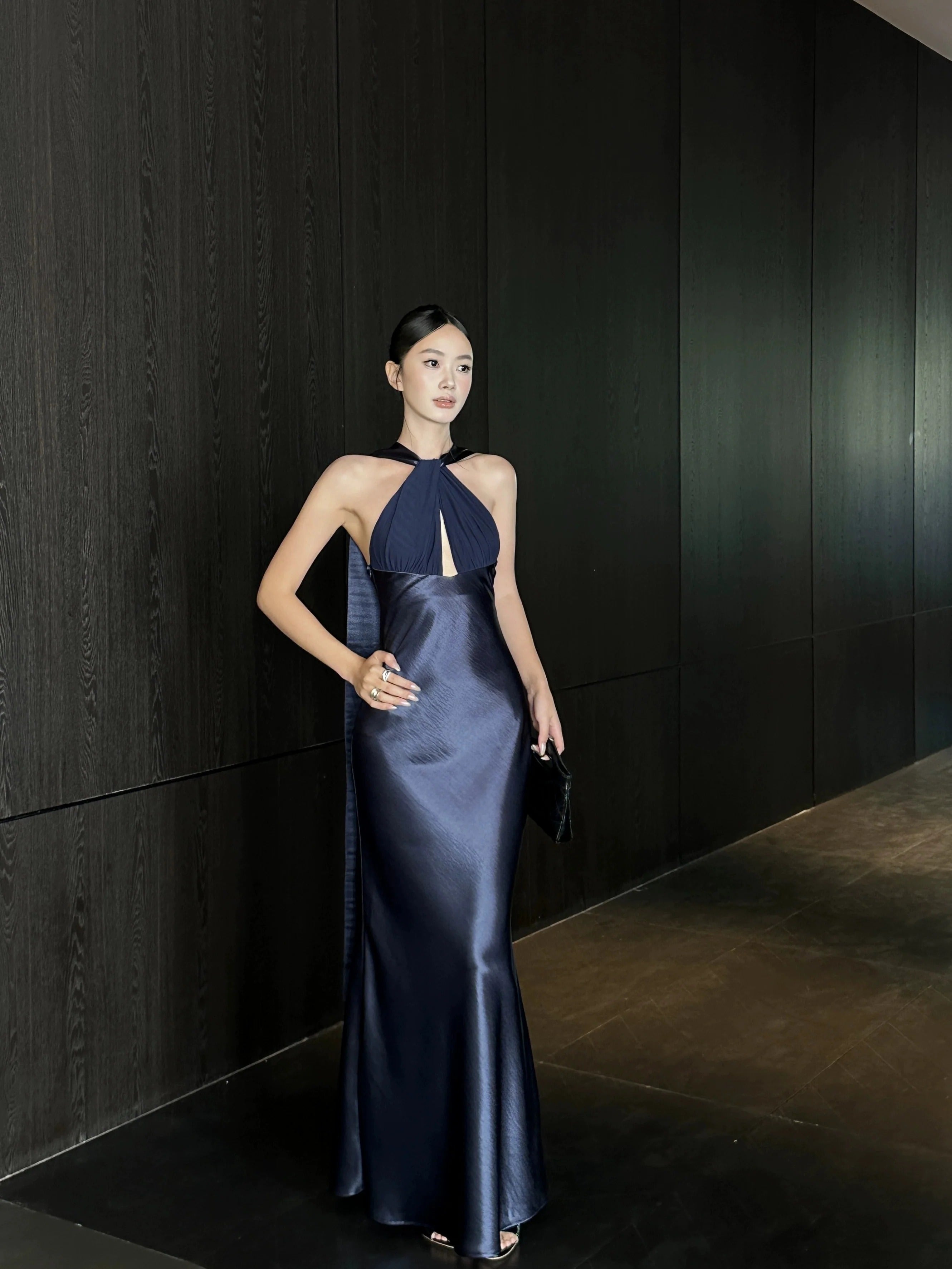 Elegant Halter Neck Satin Backless Long Sash Mermaid Maxi Prom Dress