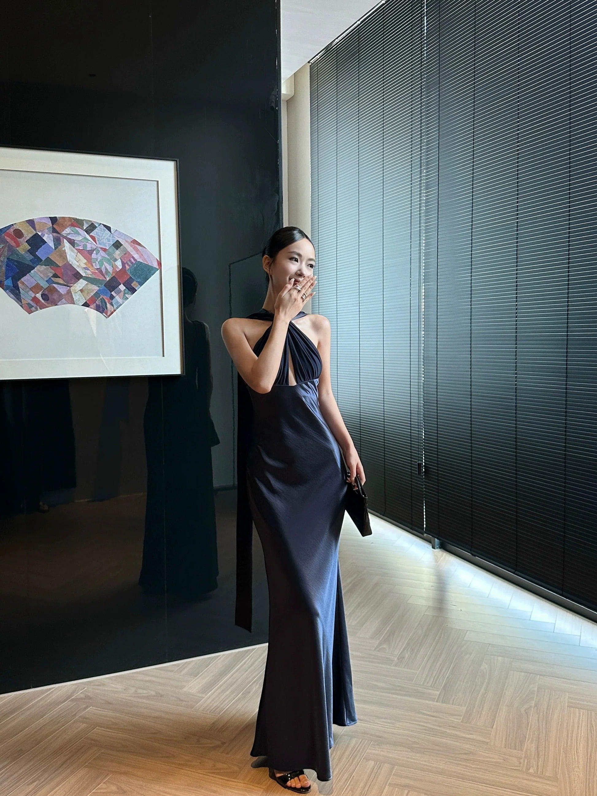 Elegant Halter Neck Satin Backless Long Sash Mermaid Maxi Prom Dress