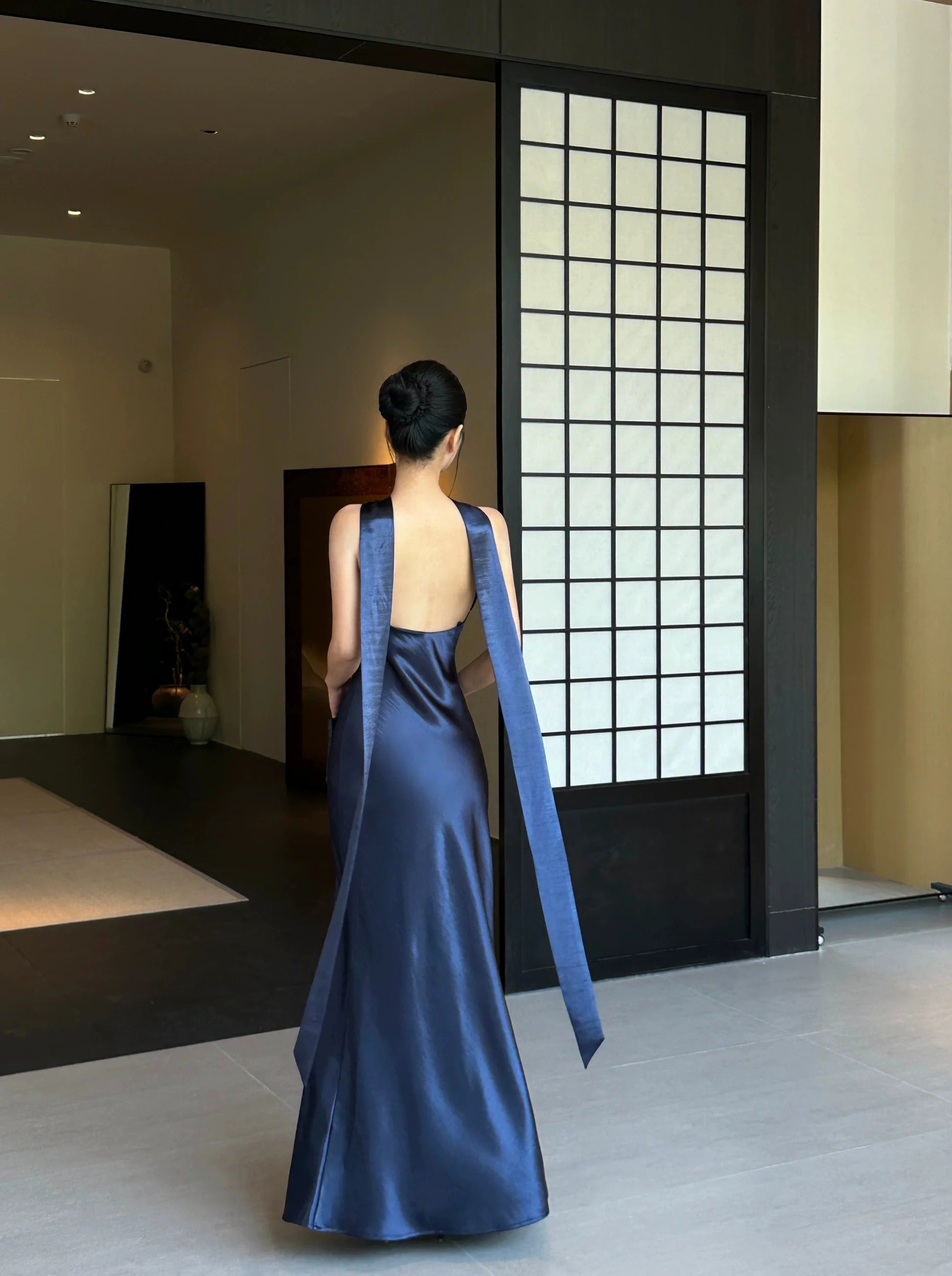 Elegant Halter Neck Satin Backless Long Sash Mermaid Maxi Prom Dress