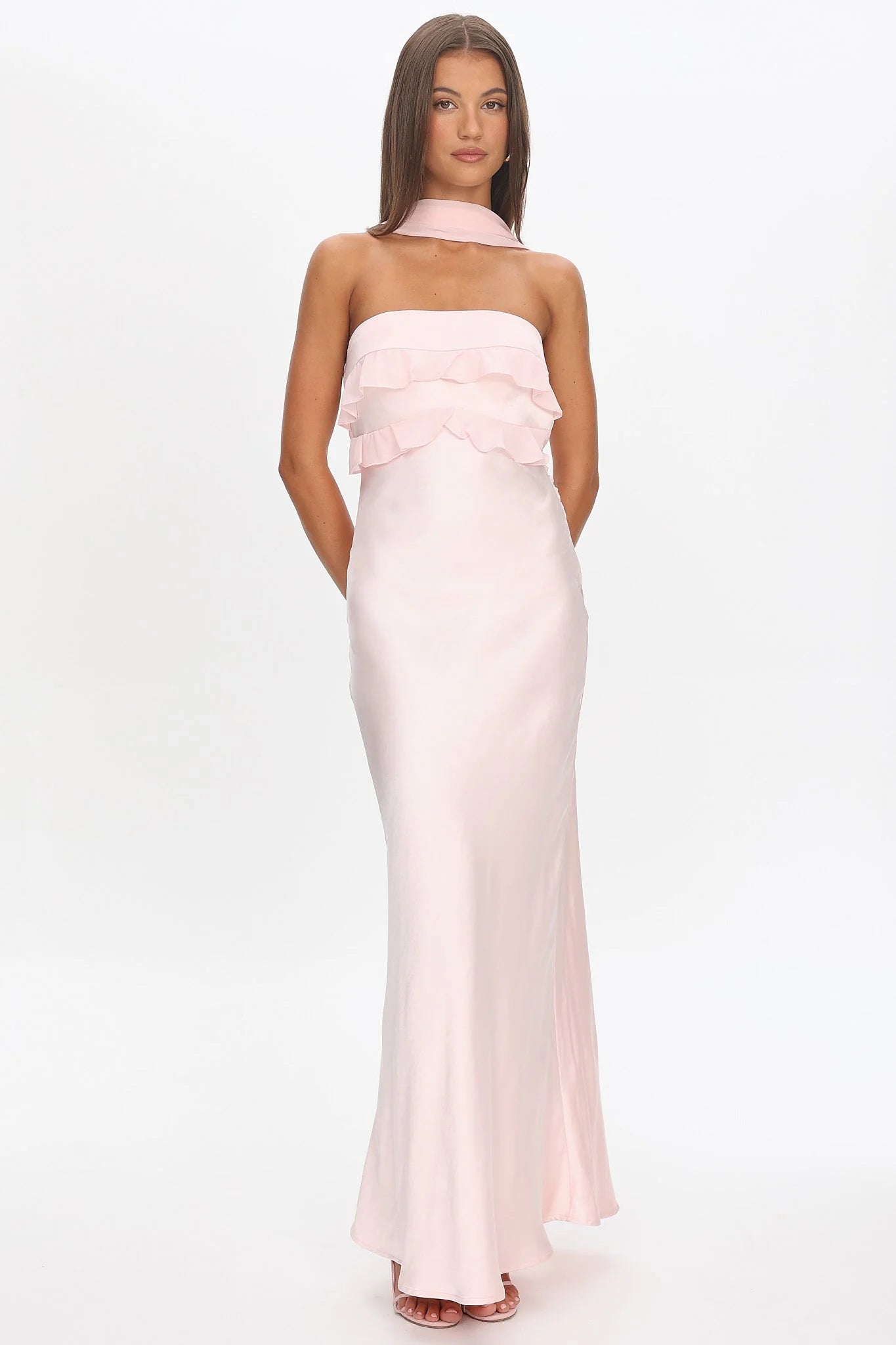 Elegant Halter Neck Strapless Ruffle Trim Cowl Back Satin Mermaid Maxi Prom Dress For Formal Evening Gala Wedding Guest Bridesmaid