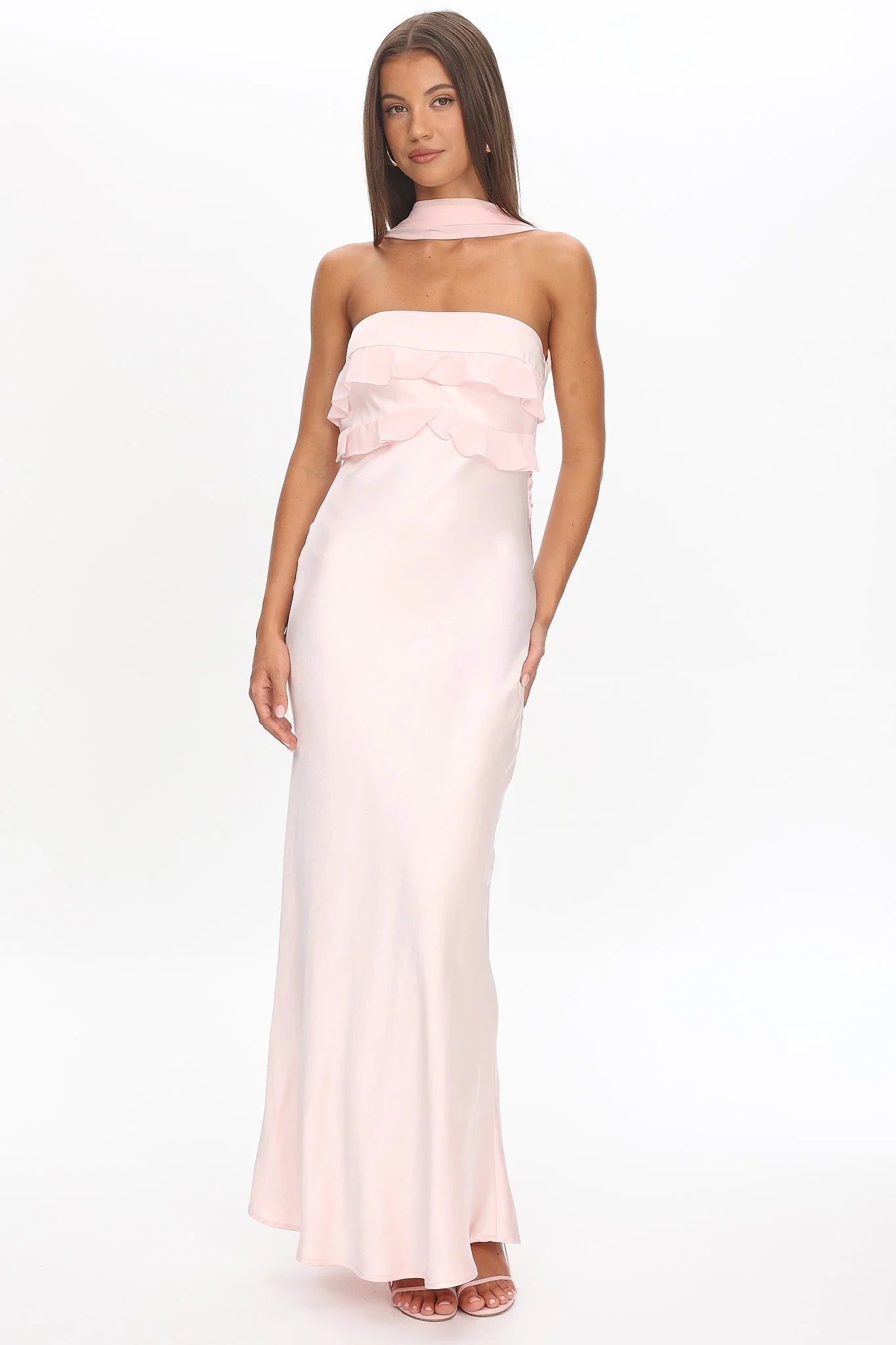 Elegant Halter Neck Strapless Ruffle Trim Cowl Back Satin Mermaid Maxi Prom Dress For Formal Evening Gala Wedding Guest Bridesmaid