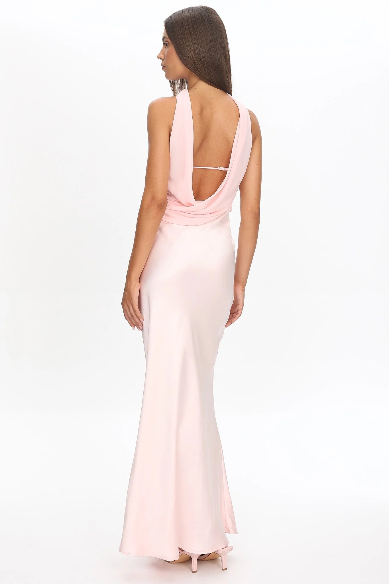 Elegant Halter Neck Strapless Ruffle Trim Cowl Back Satin Mermaid Maxi Prom Dress For Formal Evening Gala Wedding Guest Bridesmaid