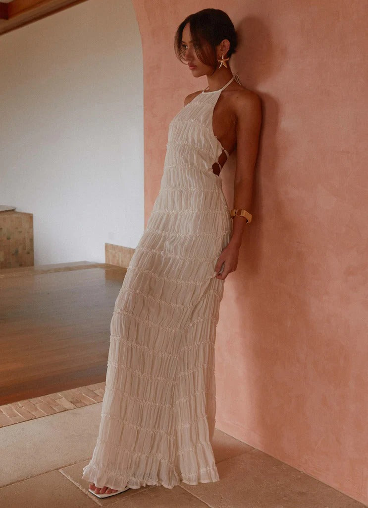 Elegant Halter Neck Textured Smocked Open Back Maxi Prom Dress