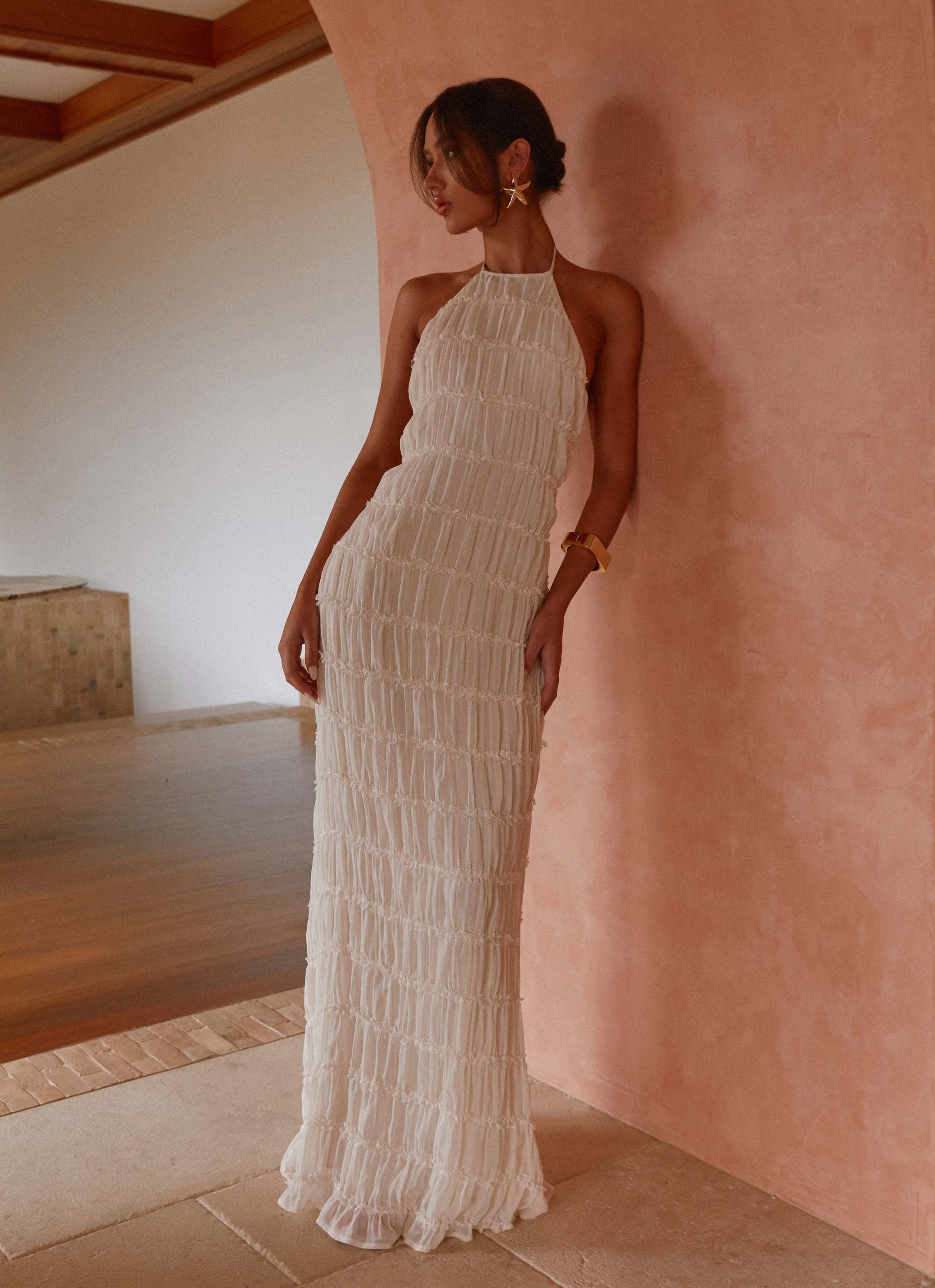 Elegant Halter Neck Textured Smocked Open Back Maxi Prom Dress
