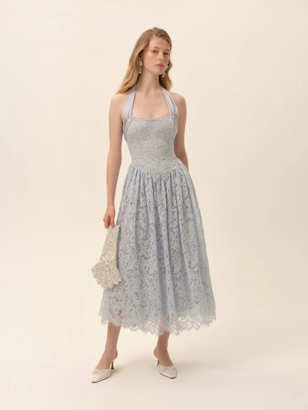 Elegant Halter Neck Tie Back Floral Lace Scalloped Hem Fit And Flare Midi Prom Dress For Formal Evening Wedding Guest