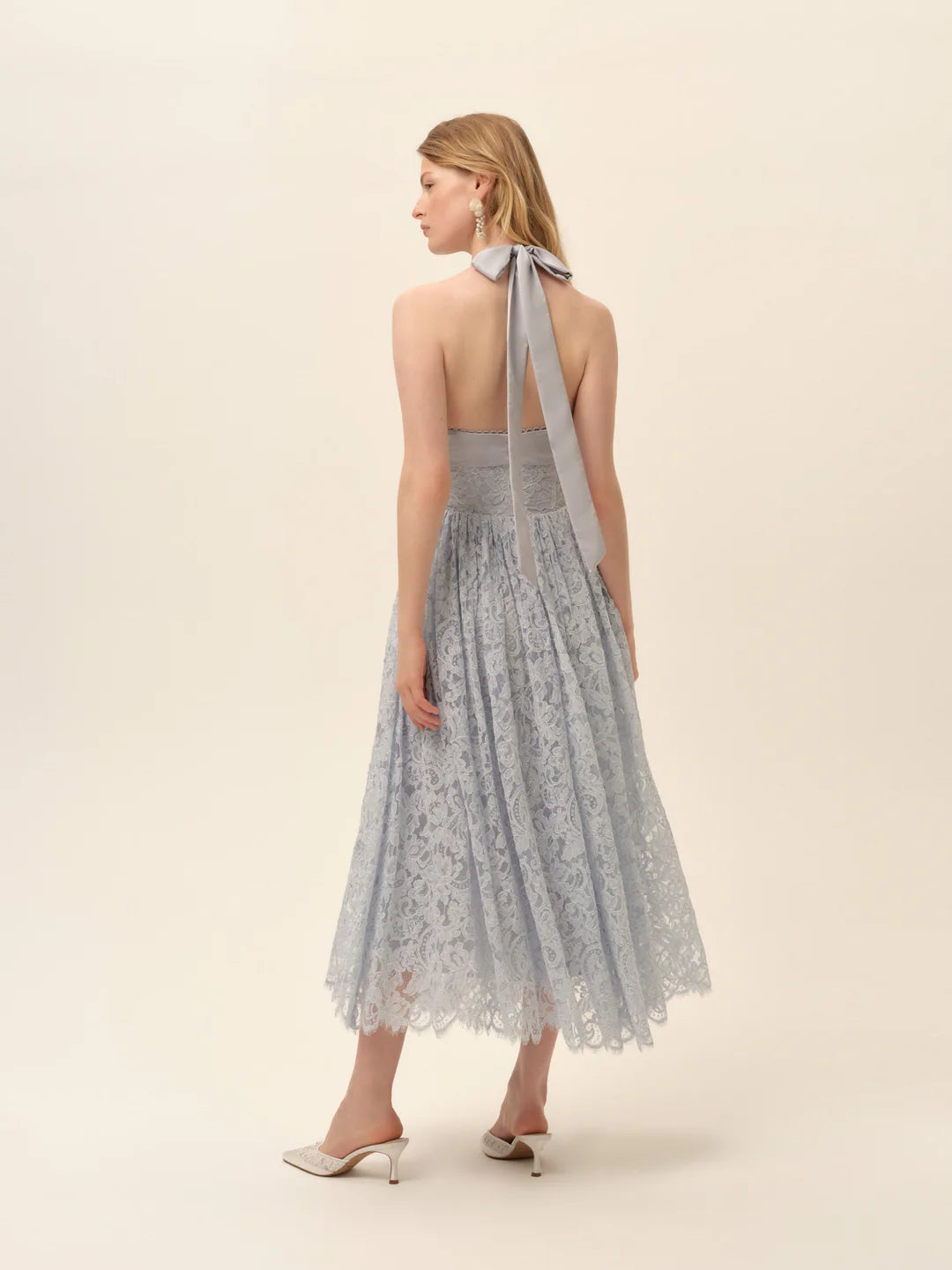Elegant Halter Neck Tie Back Floral Lace Scalloped Hem Fit And Flare Midi Prom Dress For Formal Evening Wedding Guest