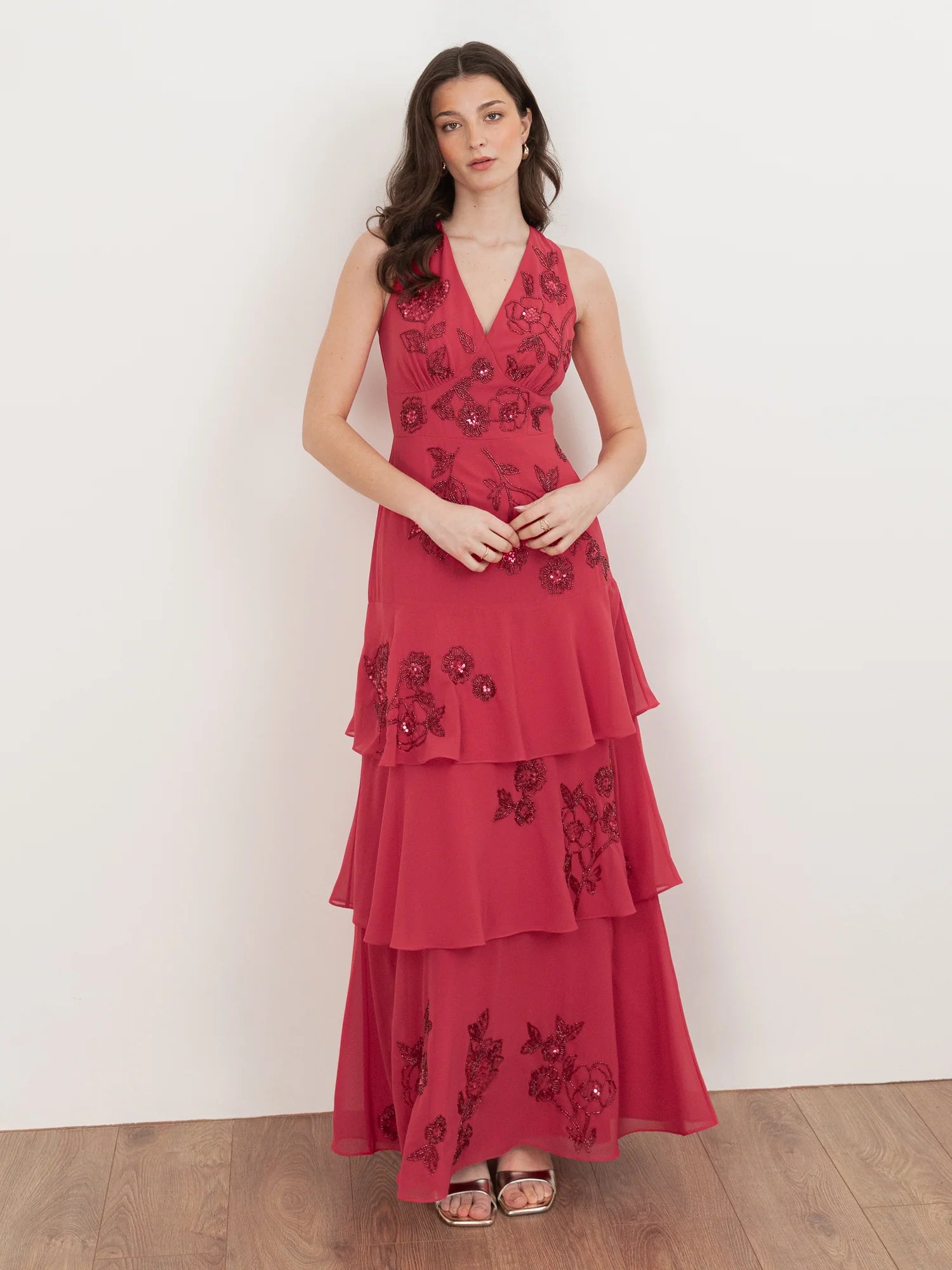Elegant Halter Neck Tie Back Floral Sequin Embroidered Tiered Ruffle Maxi Prom Dress For Formal Evening Gala Wedding Guest