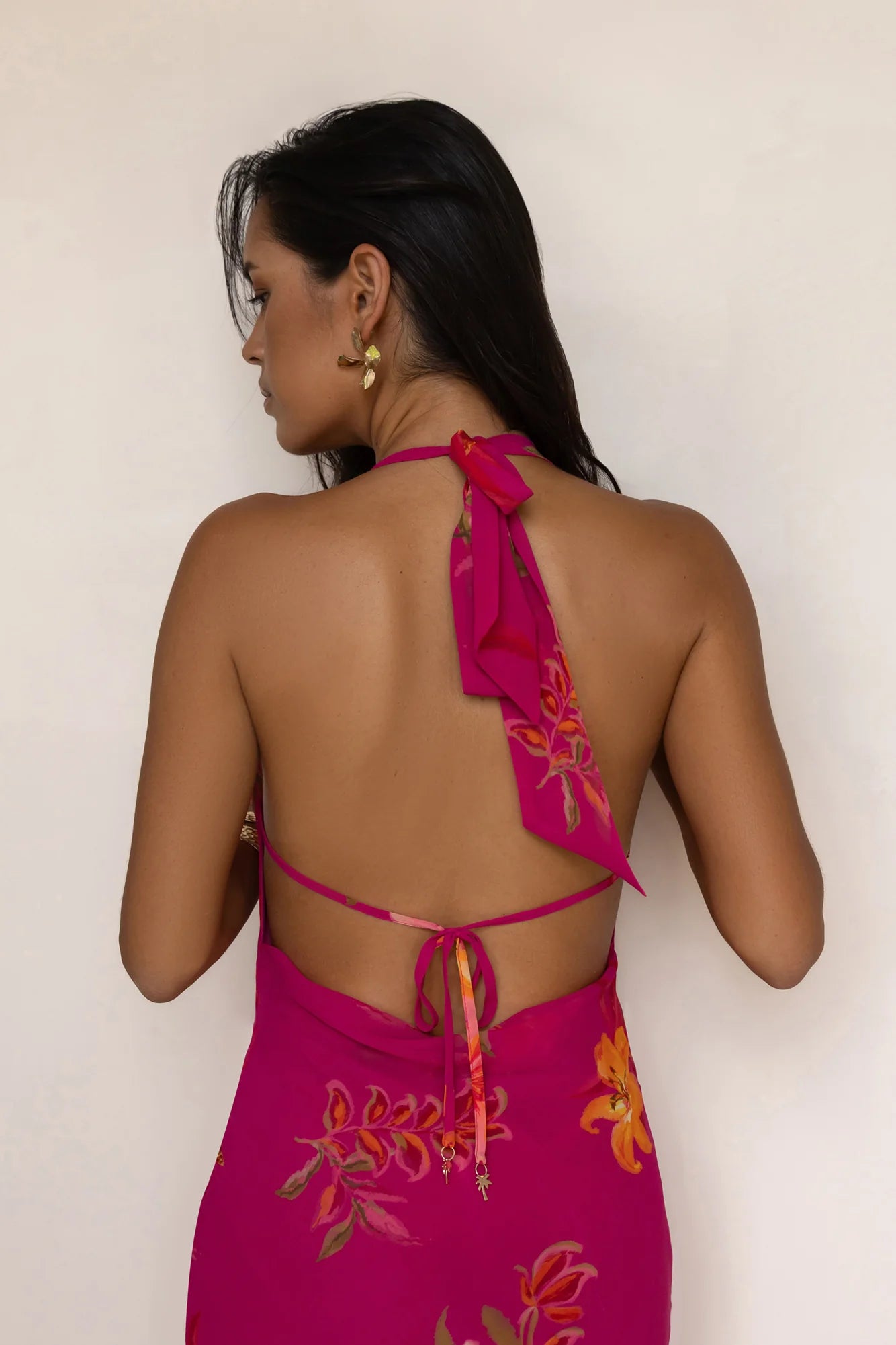 Elegant Halter Neck Tie Back Tropical Floral Print Cowl Neck Maxi Prom Dress For Formal Evening Wedding Guest Bridesmaid Cocktail Party