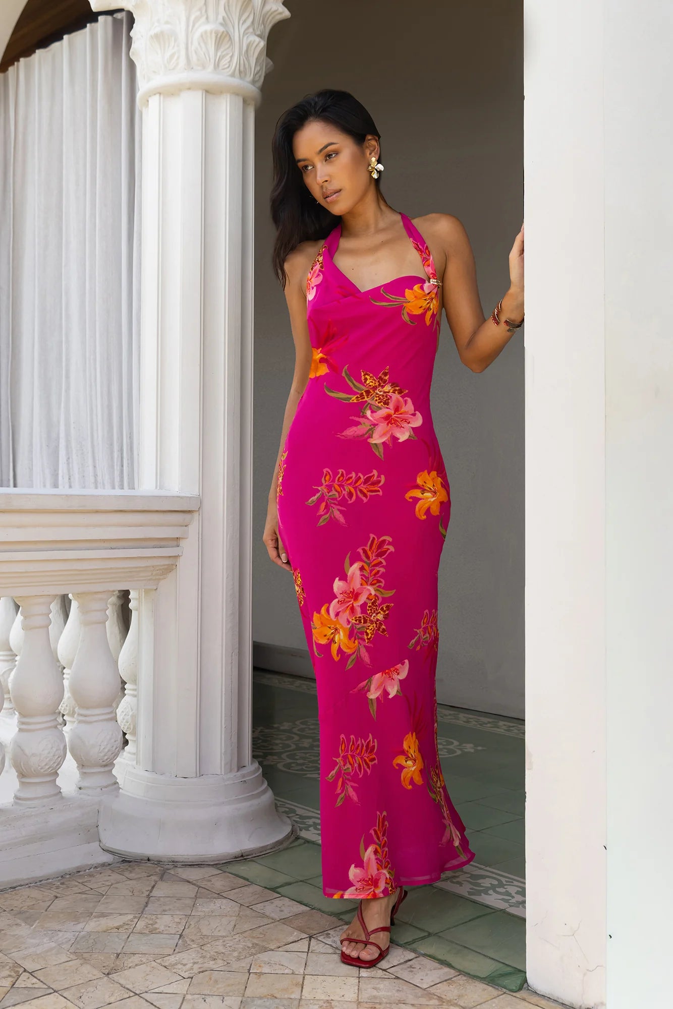 Elegant Halter Neck Tie Back Tropical Floral Print Cowl Neck Maxi Prom Dress For Formal Evening Wedding Guest Bridesmaid Cocktail Party