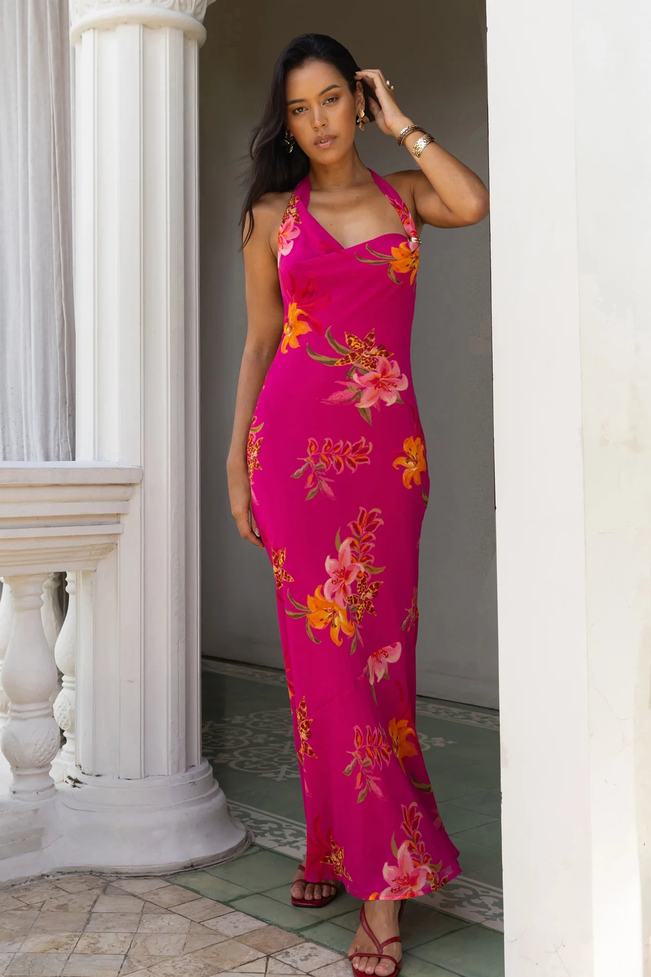 Elegant Halter Neck Tie Back Tropical Floral Print Cowl Neck Maxi Prom Dress For Formal Evening Wedding Guest Bridesmaid Cocktail Party
