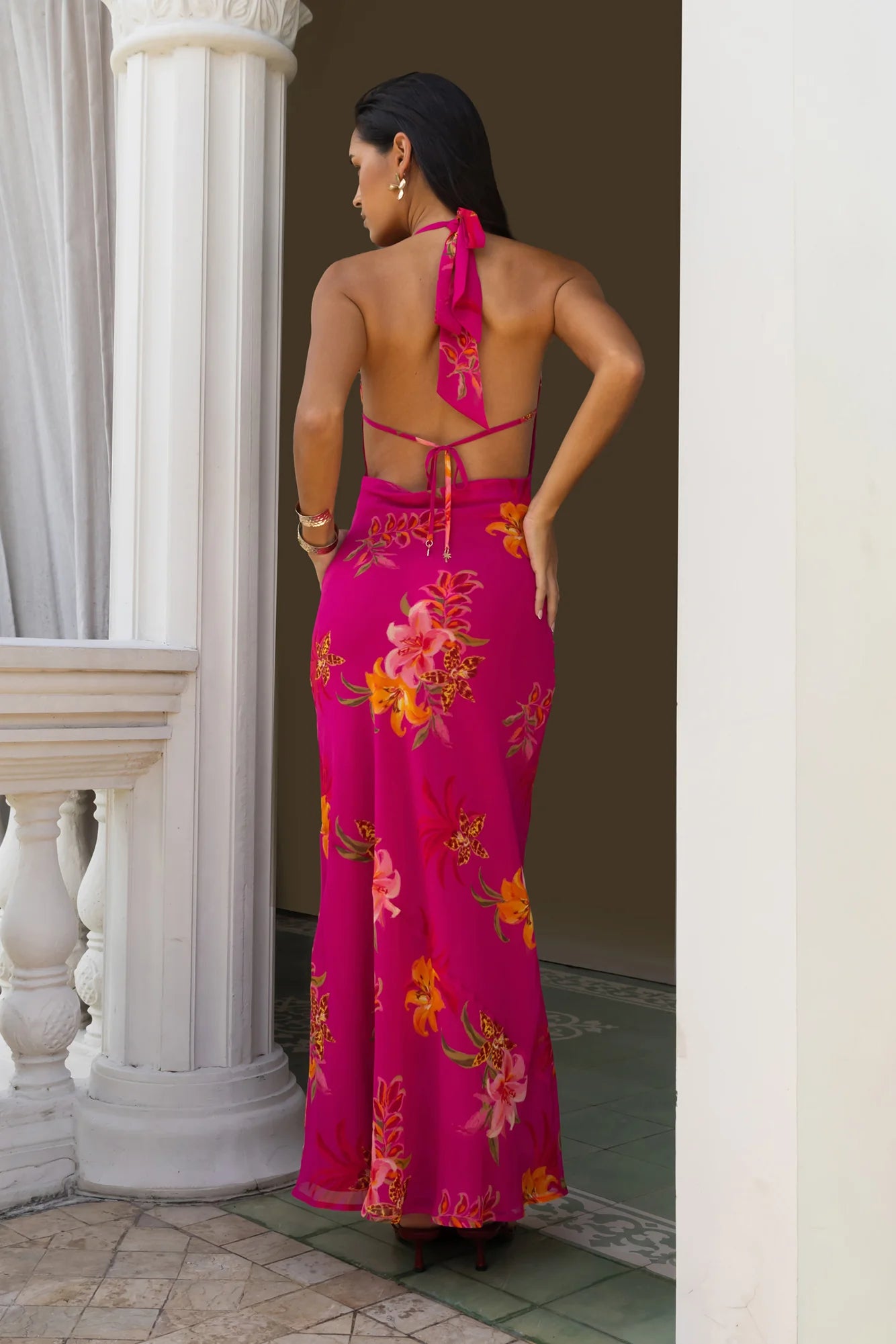 Elegant Halter Neck Tie Back Tropical Floral Print Cowl Neck Maxi Prom Dress For Formal Evening Wedding Guest Bridesmaid Cocktail Party