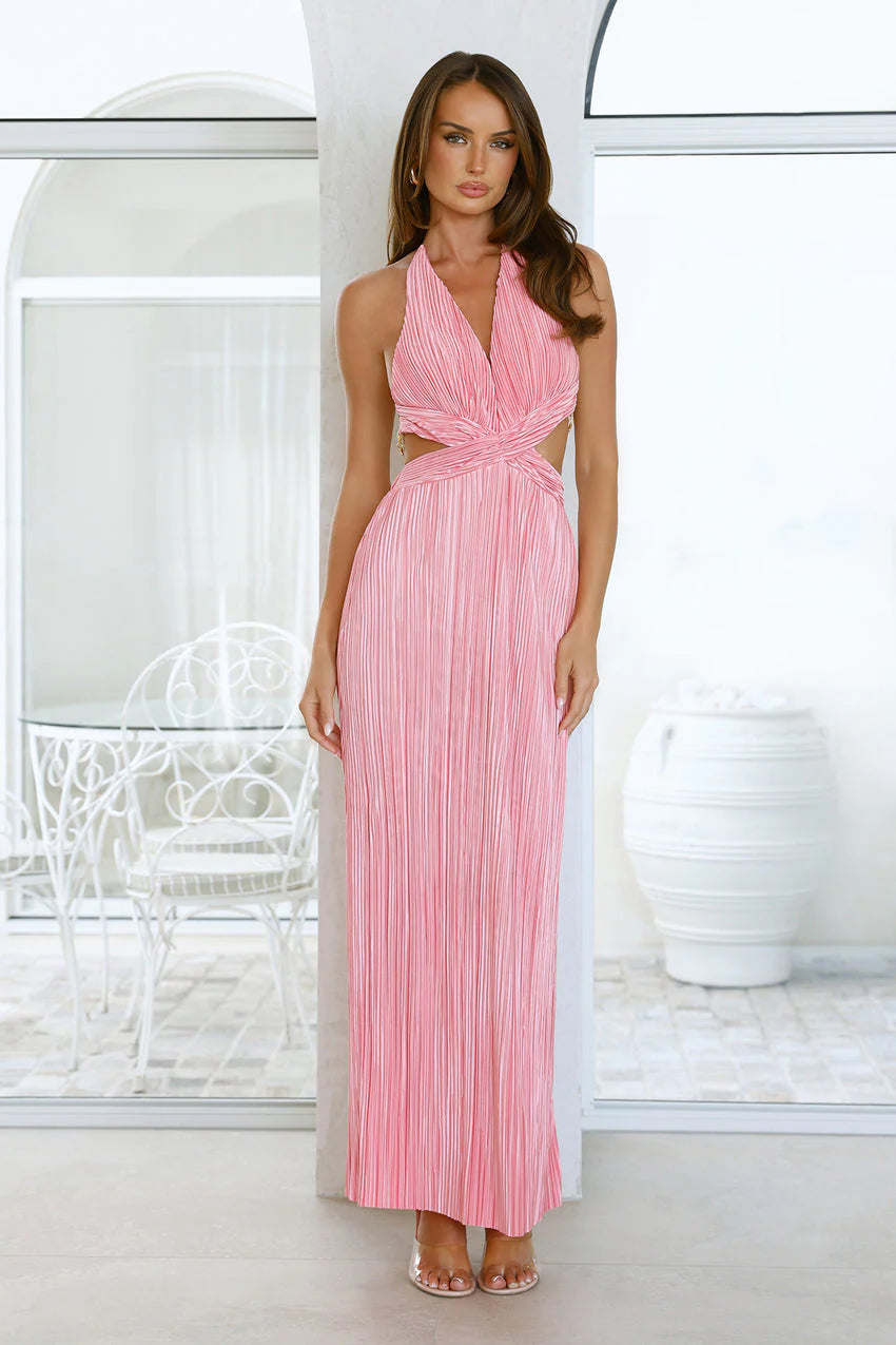 Elegant Halter Neckline Deep V Neck Cutout Waist Open Back Beaded Chain Detail Pleated Maxi Evening Dress For Formal Evening Prom Wedding Guest Bridesmaid Beach Wedding Cocktail Party Gala