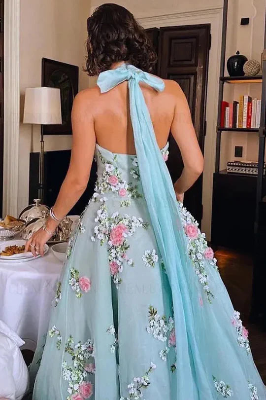 Elegant Halter Neckline Open Back Bow Detail 3D Floral Applique Embellished A Line Maxi Evening Dress For Formal Evening Prom Wedding Guest Bridesmaid Beach Wedding Gala Cocktail Party