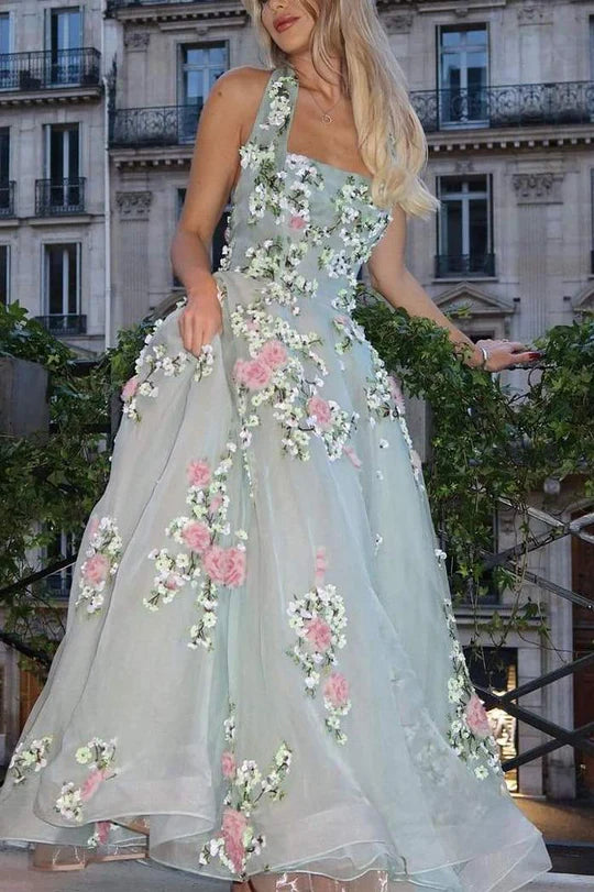 Elegant Halter Neckline Open Back Bow Detail 3D Floral Applique Embellished A Line Maxi Evening Dress For Formal Evening Prom Wedding Guest Bridesmaid Beach Wedding Gala Cocktail Party