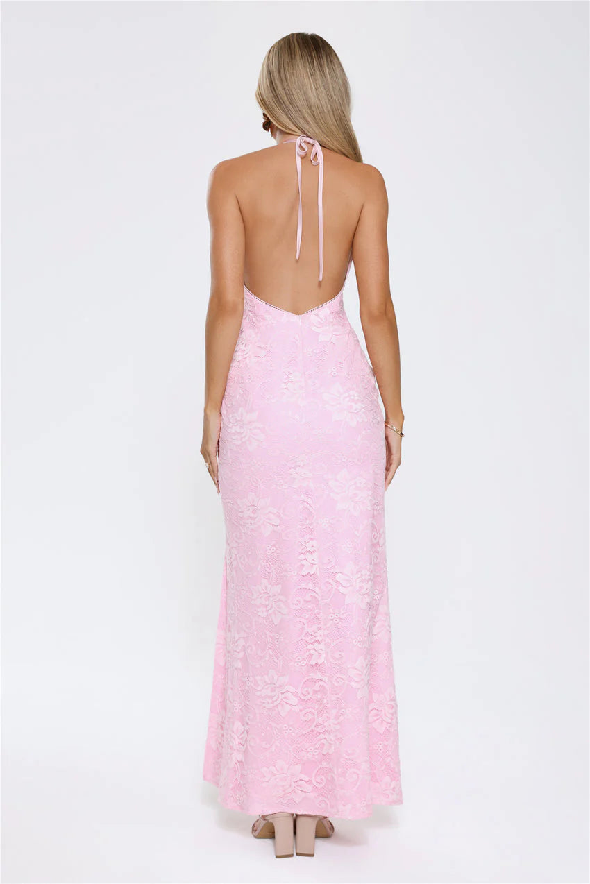 Elegant Halter Neckline Plunge V Neck Keyhole Detail Ruched Bodice Open Back Tie Detail High Slit Floral Lace Maxi Evening Dress For Formal Evening Prom Wedding Guest Bridesmaid Beach Wedding Cocktail Party Gala