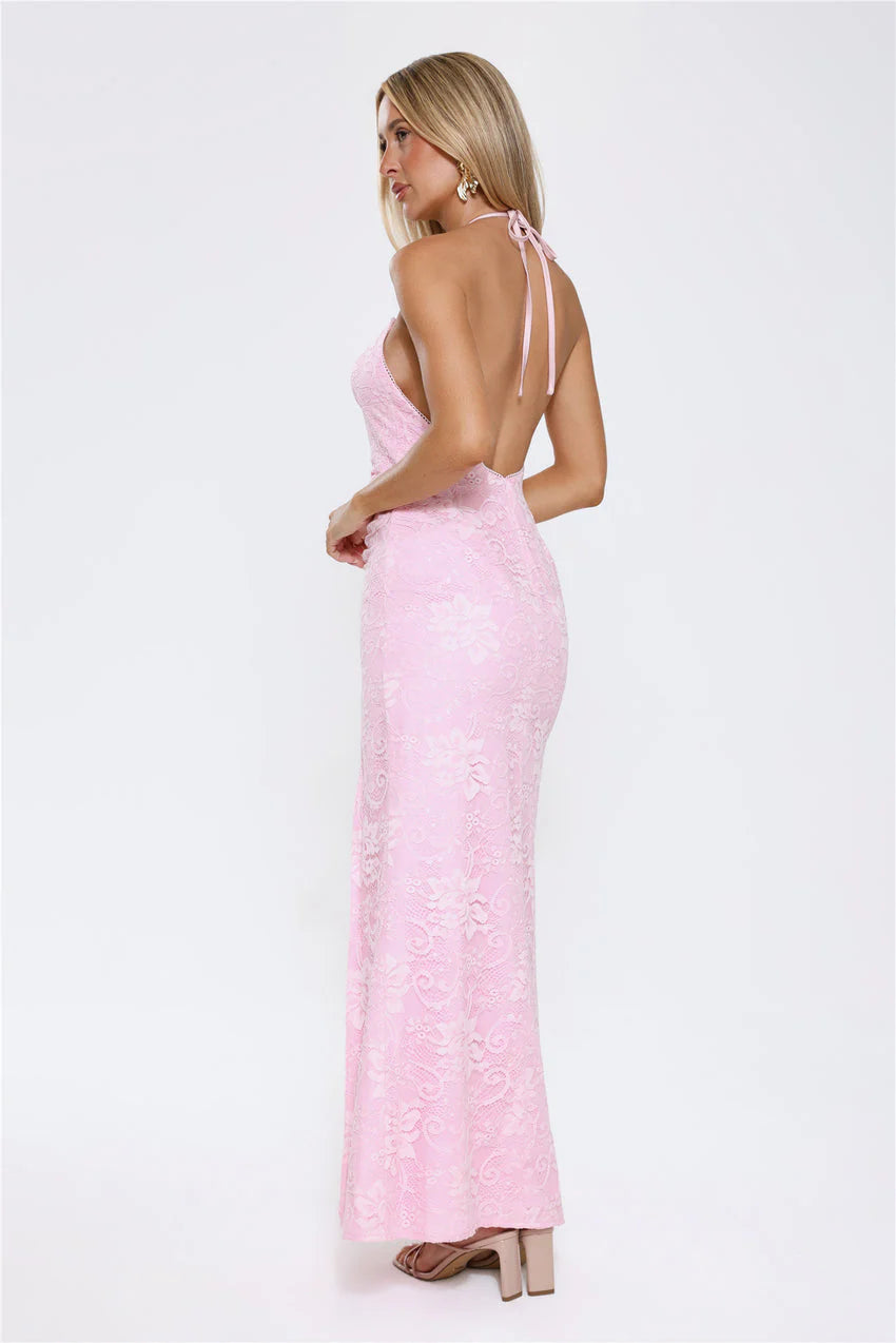 Elegant Halter Neckline Plunge V Neck Keyhole Detail Ruched Bodice Open Back Tie Detail High Slit Floral Lace Maxi Evening Dress For Formal Evening Prom Wedding Guest Bridesmaid Beach Wedding Cocktail Party Gala