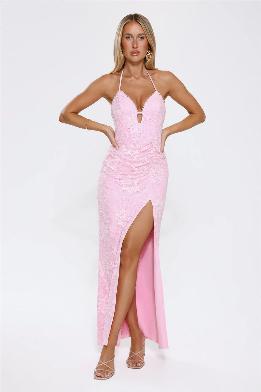 Elegant Halter Neckline Plunge V Neck Keyhole Detail Ruched Bodice Open Back Tie Detail High Slit Floral Lace Maxi Evening Dress For Formal Evening Prom Wedding Guest Bridesmaid Beach Wedding Cocktail Party Gala