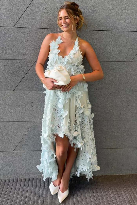 Elegant Halter Neckline Plunge V Neck Open Back 3D Floral Applique Lace High Low Hem Maxi Evening Dress For Formal Evening Prom Wedding Guest Bridesmaid Beach Wedding Cocktail Party Gala