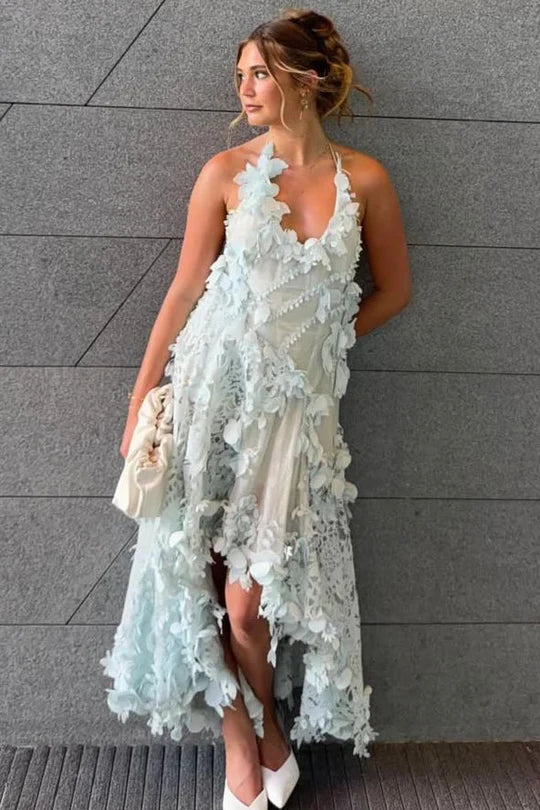 Elegant Halter Neckline Plunge V Neck Open Back 3D Floral Applique Lace High Low Hem Maxi Evening Dress For Formal Evening Prom Wedding Guest Bridesmaid Beach Wedding Cocktail Party Gala