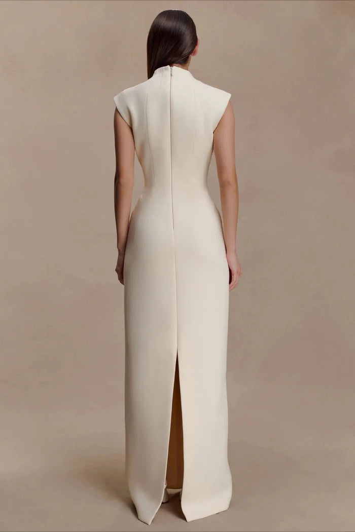 Elegant High Neck Cap Sleeve Keyhole Cutout Fitted Bodice Maxi Prom Dress With Back Slit And Decorative Metal Accents For Formal Evening