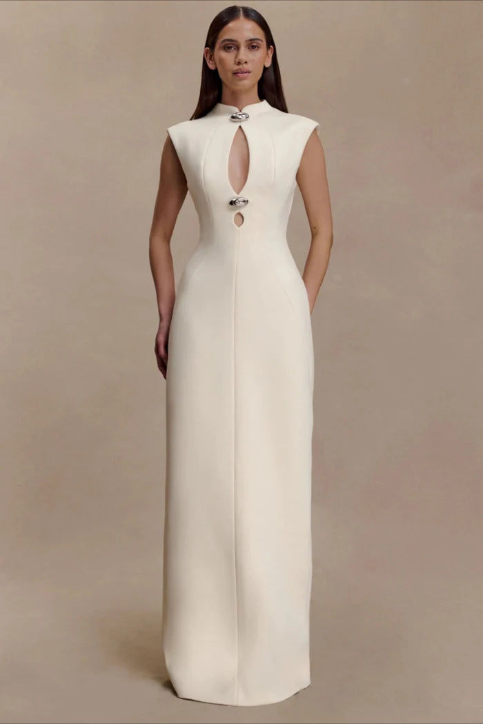 Elegant High Neck Cap Sleeve Keyhole Cutout Fitted Bodice Maxi Prom Dress With Back Slit And Decorative Metal Accents For Formal Evening