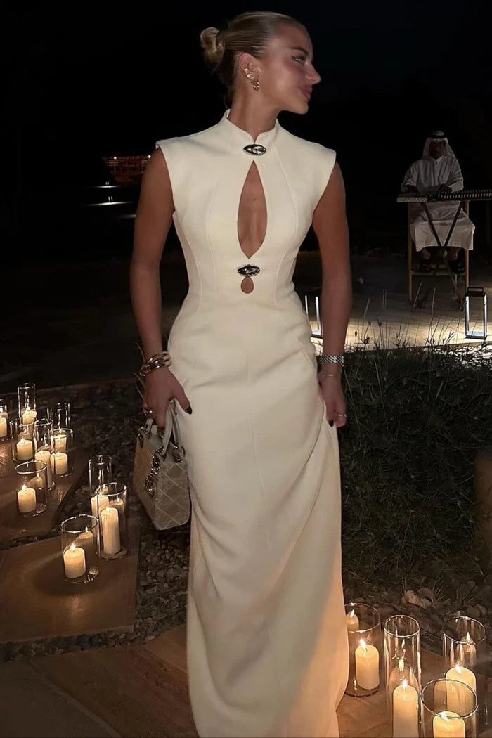 Elegant High Neck Cap Sleeve Keyhole Cutout Fitted Bodice Maxi Prom Dress With Back Slit And Decorative Metal Accents For Formal Evening