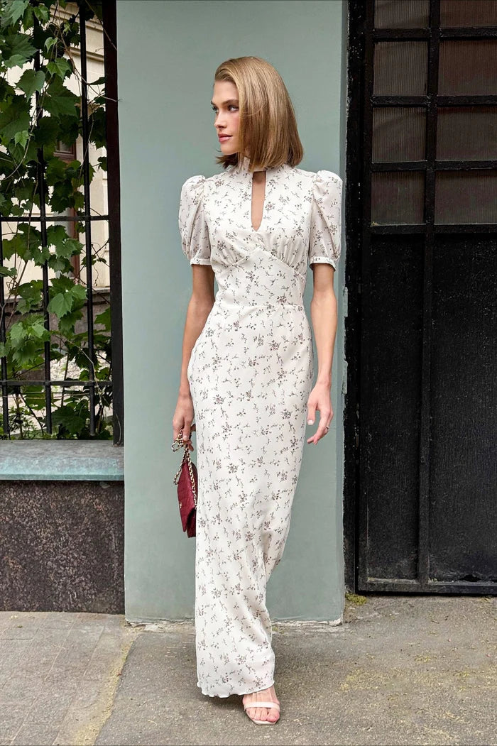 Elegant High Neck Keyhole Cutout Puff Short Sleeve Ditsy Floral Print Bodycon Maxi Prom Dress For Formal Evening Wedding Guest
