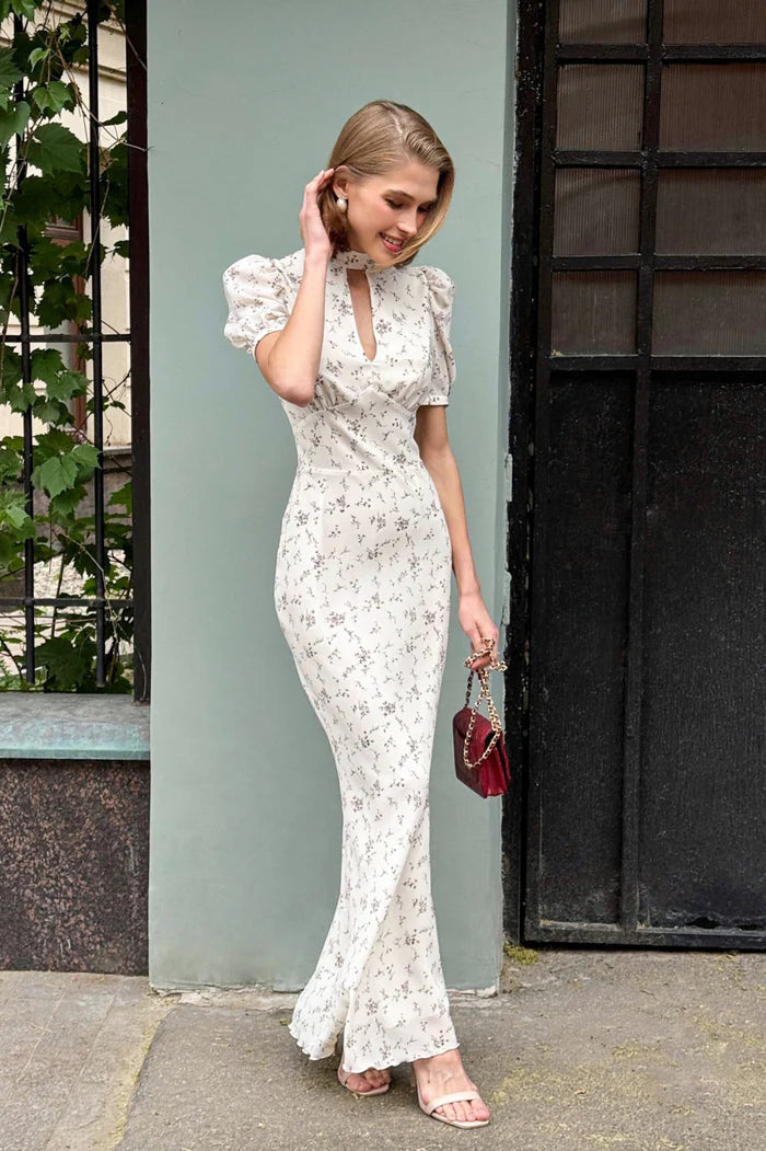 Elegant High Neck Keyhole Cutout Puff Short Sleeve Ditsy Floral Print Bodycon Maxi Prom Dress For Formal Evening Wedding Guest