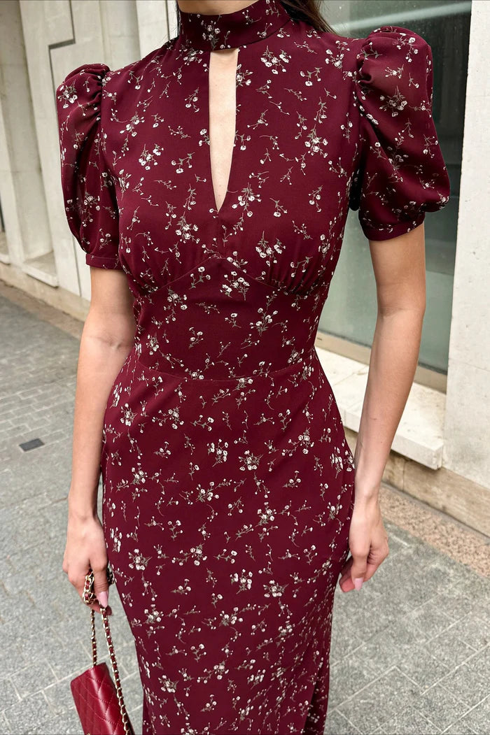 Elegant High Neck Keyhole Cutout Puff Short Sleeve Ditsy Floral Print Bodycon Maxi Prom Dress For Formal Evening Wedding Guest