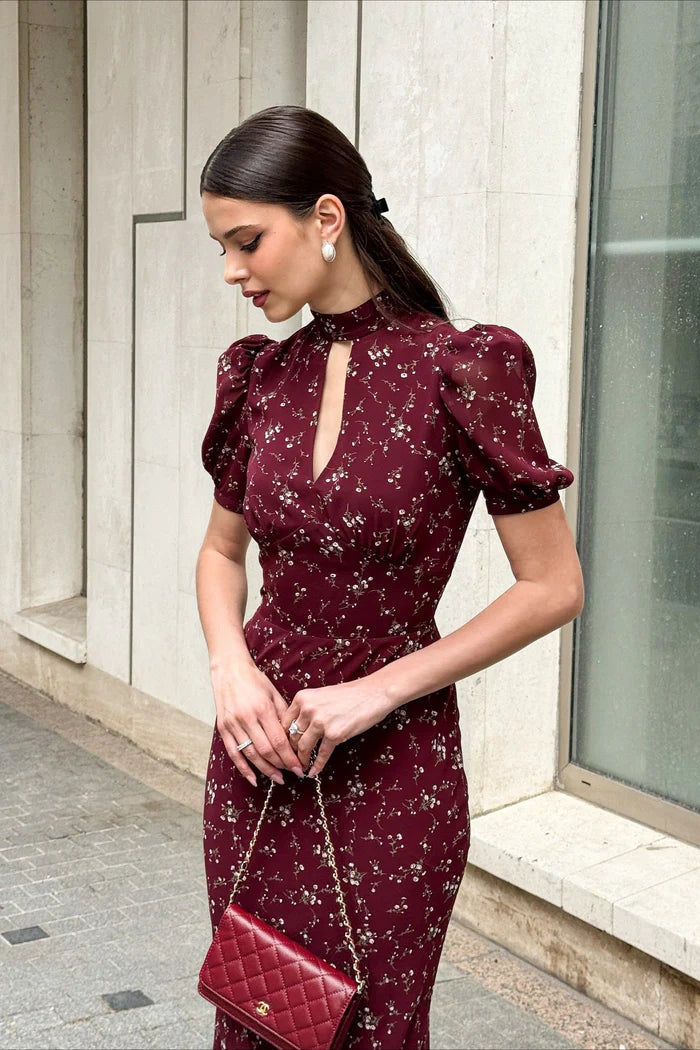 Elegant High Neck Keyhole Cutout Puff Short Sleeve Ditsy Floral Print Bodycon Maxi Prom Dress For Formal Evening Wedding Guest