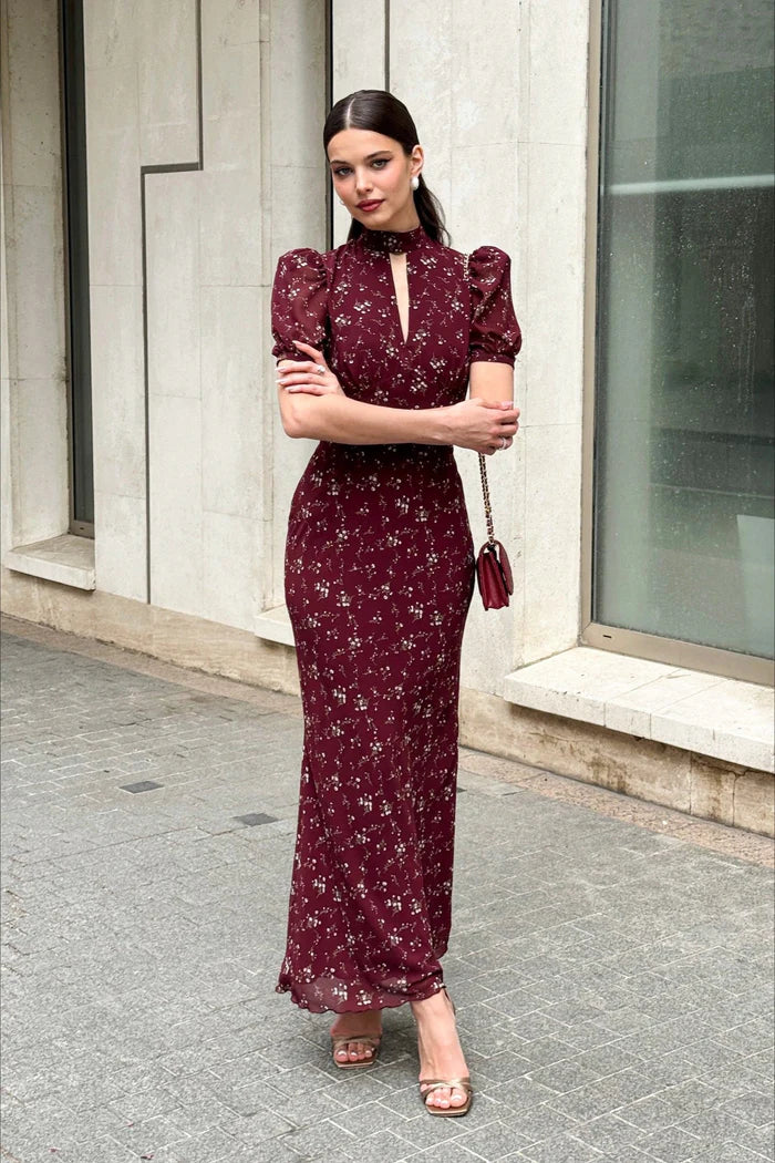 Elegant High Neck Keyhole Cutout Puff Short Sleeve Ditsy Floral Print Bodycon Maxi Prom Dress For Formal Evening Wedding Guest