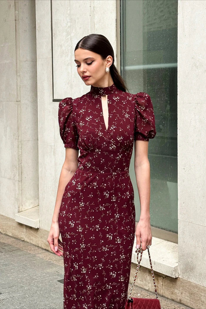 Elegant High Neck Keyhole Cutout Puff Short Sleeve Ditsy Floral Print Bodycon Maxi Prom Dress For Formal Evening Wedding Guest