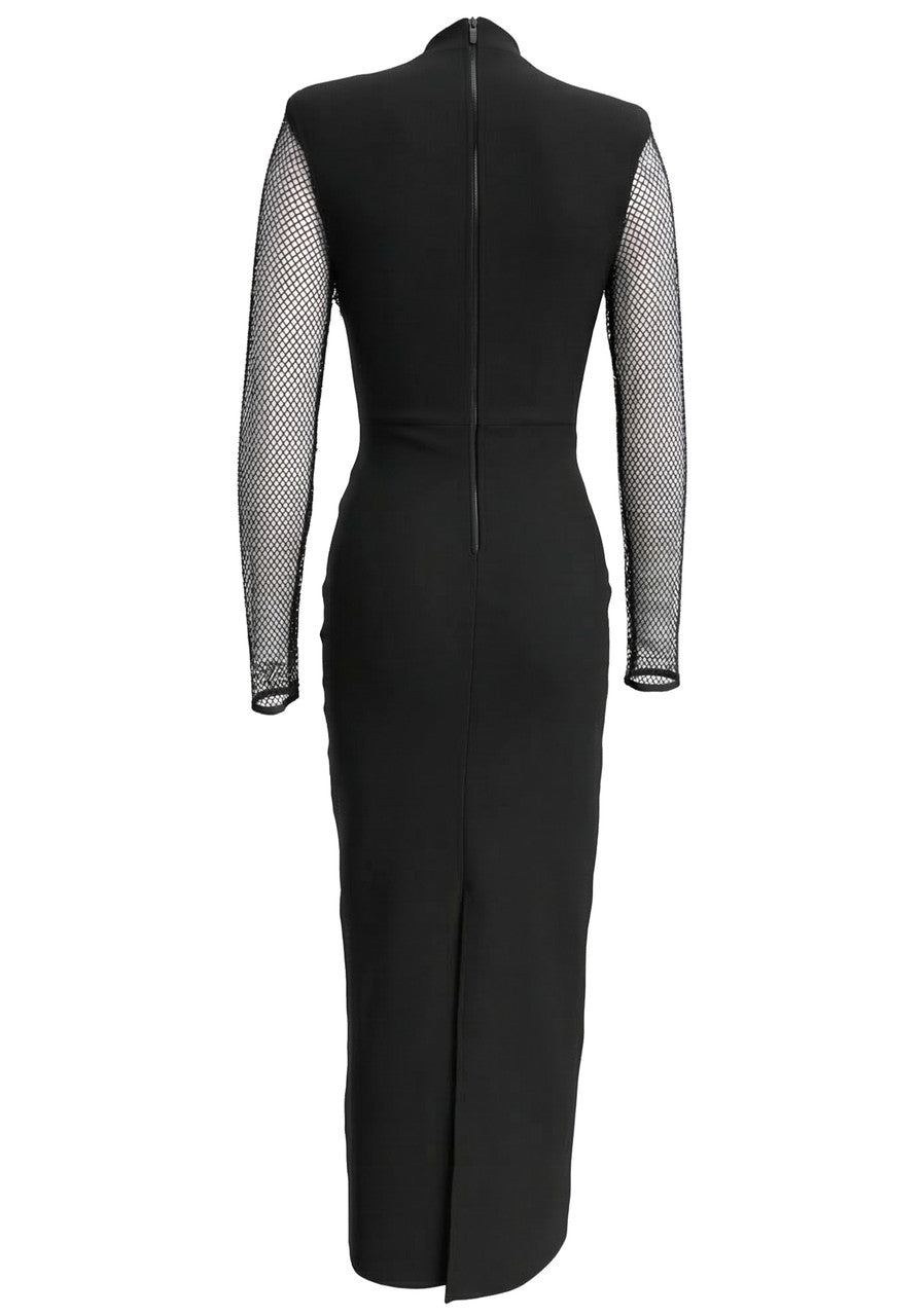 Elegant High Neck Long Sleeve Fishnet Insert Crystal Embellished Bodycon Maxi Prom Dress