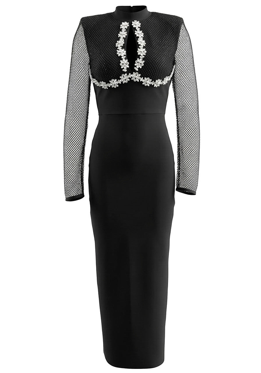 Elegant High Neck Long Sleeve Fishnet Insert Crystal Embellished Bodycon Maxi Prom Dress