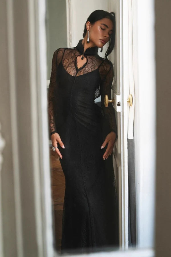 Elegant High Neck Long Sleeve Sheer Lace Bodycon Mermaid Maxi Prom Dress For Formal Evening Gala Cocktail Party Wedding Guest