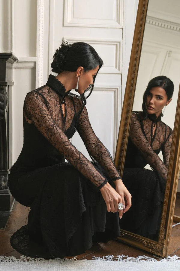 Elegant High Neck Long Sleeve Sheer Lace Bodycon Mermaid Maxi Prom Dress For Formal Evening Gala Cocktail Party Wedding Guest