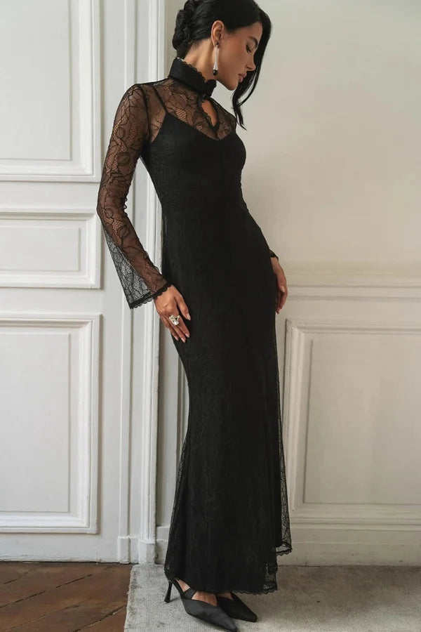 Elegant High Neck Long Sleeve Sheer Lace Bodycon Mermaid Maxi Prom Dress For Formal Evening Gala Cocktail Party Wedding Guest