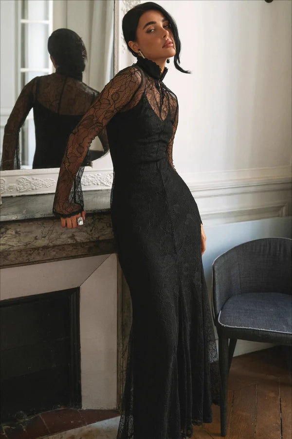 Elegant High Neck Long Sleeve Sheer Lace Bodycon Mermaid Maxi Prom Dress For Formal Evening Gala Cocktail Party Wedding Guest