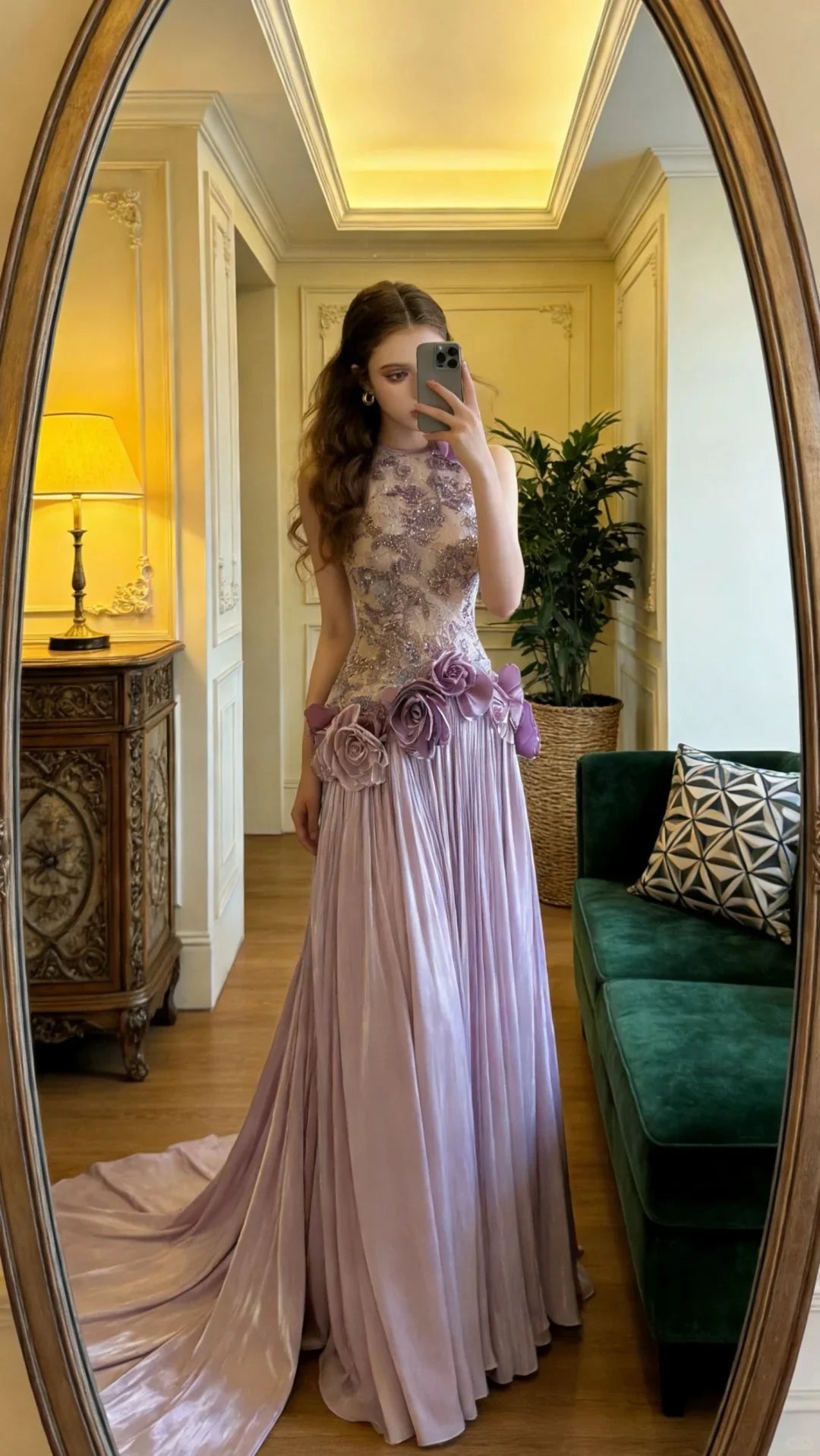 Elegant Lavender High Neck Prom Dress With Sequin Lace Bodice 3D Floral Waist And Pleated Satin Skirt For Formal Evening Party