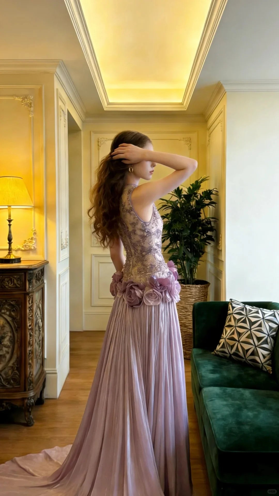 Elegant Lavender High Neck Prom Dress With Sequin Lace Bodice 3D Floral Waist And Pleated Satin Skirt For Formal Evening Party