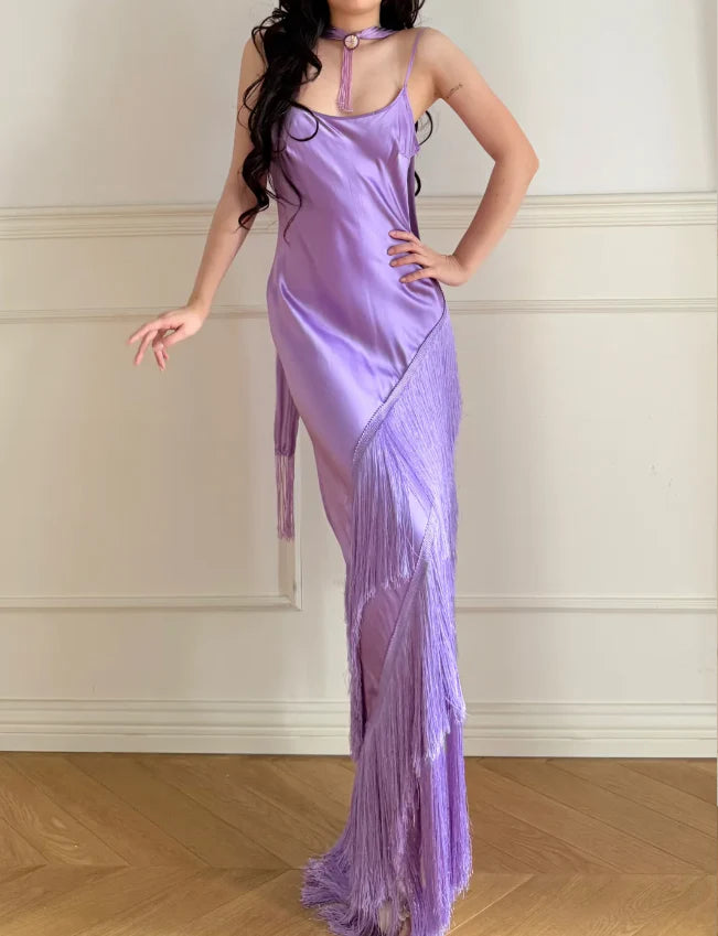 Elegant Lavender Spaghetti Strap Prom Dress With Cowl Neck Long Fringe Skirt And Choker Detail For Formal Evening Party