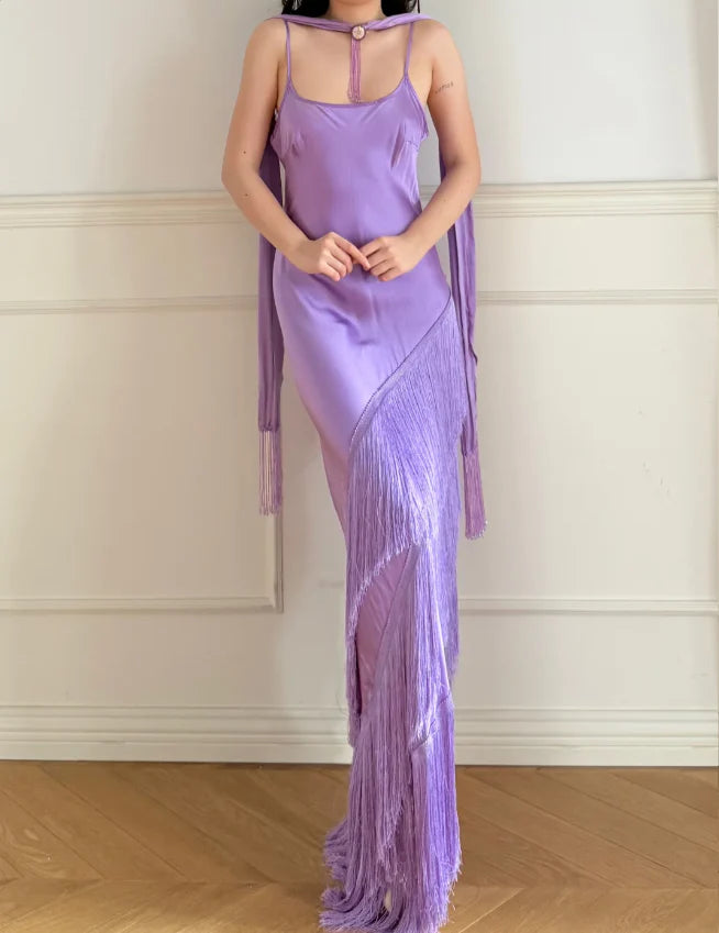 Elegant Lavender Spaghetti Strap Prom Dress With Cowl Neck Long Fringe Skirt And Choker Detail For Formal Evening Party