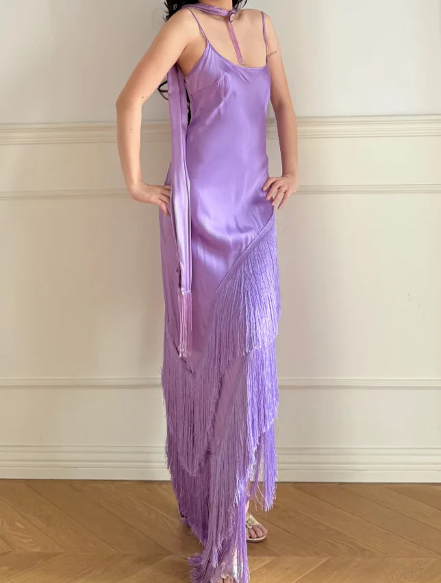 Elegant Lavender Spaghetti Strap Prom Dress With Cowl Neck Long Fringe Skirt And Choker Detail For Formal Evening Party