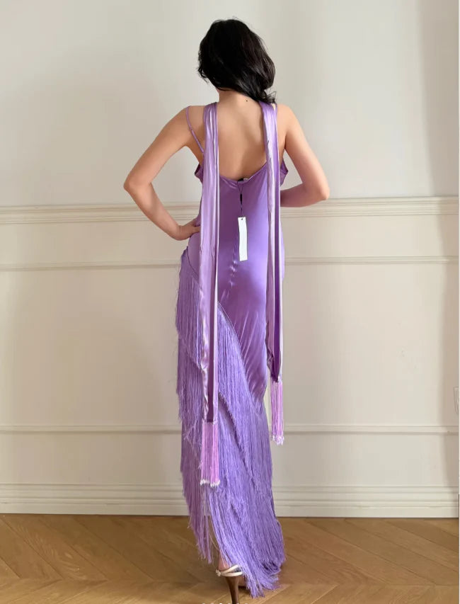 Elegant Lavender Spaghetti Strap Prom Dress With Cowl Neck Long Fringe Skirt And Choker Detail For Formal Evening Party