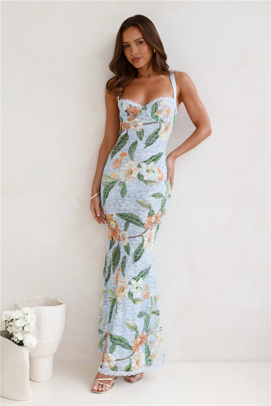 Elegant Light Blue Floral Print Lace Spaghetti Strap Mermaid Maxi Prom Dress For Bridal Shower Garden Party