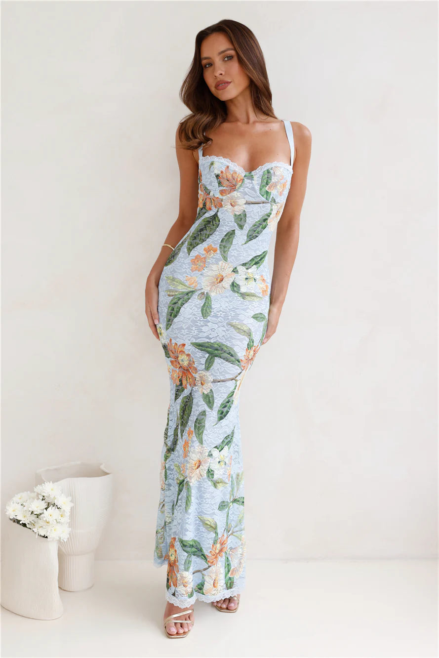 Elegant Light Blue Floral Print Lace Spaghetti Strap Mermaid Maxi Prom Dress For Bridal Shower Garden Party