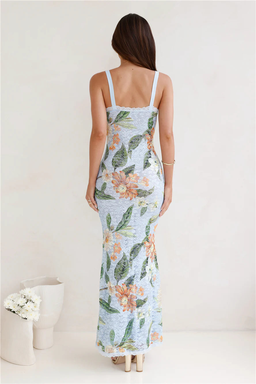 Elegant Light Blue Floral Print Lace Spaghetti Strap Mermaid Maxi Prom Dress For Bridal Shower Garden Party